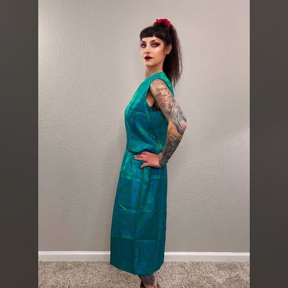 60s Satin Blue Green 3 pc Walking Suit Floral Mod MCM Top Jacket Pencil Skirt M - Picture 5 of 11